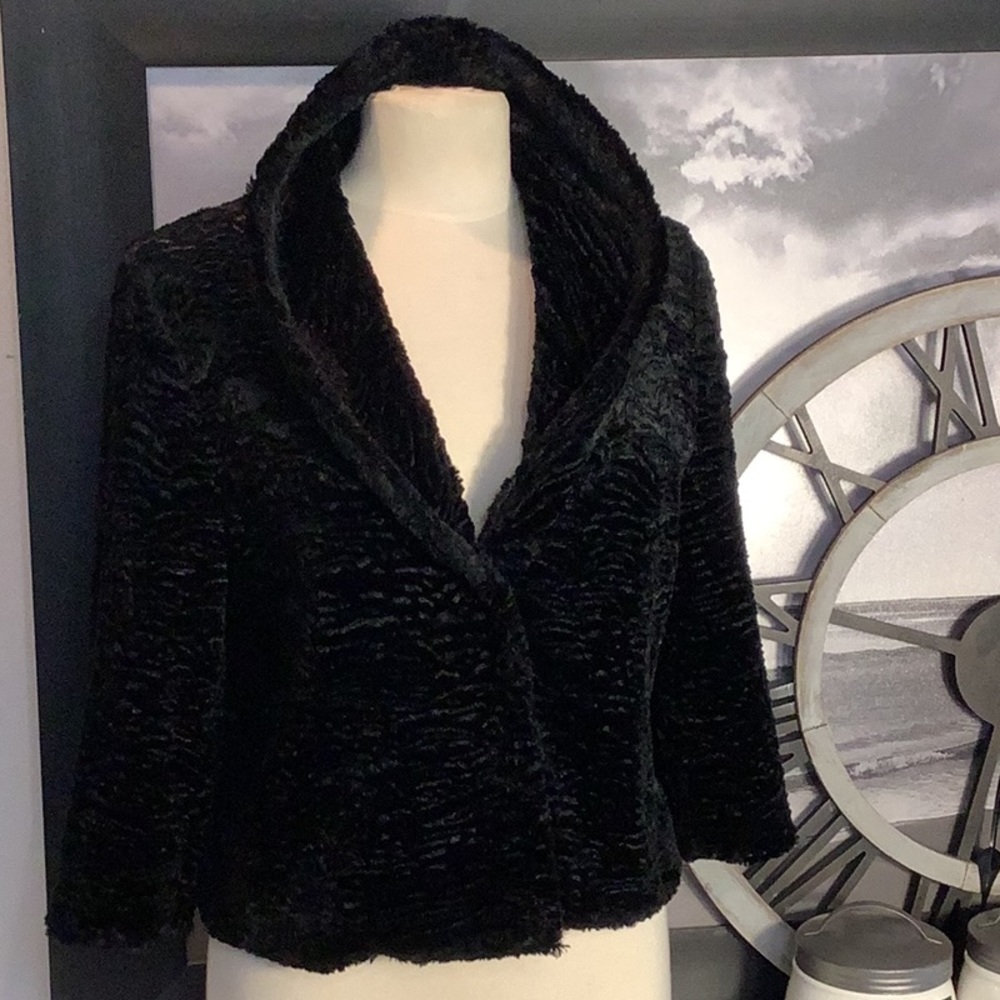 Kate Hill Petite Sz 14 Faux Fur Persian Lamb Wool Silk Black Crop Jacket Coat